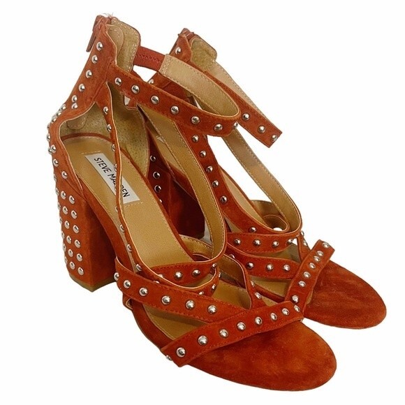 FARA-S Steve Madden Studded Rust Orange Suede Chunky Block Heel Strappy Sandal - Picture 10 of 15